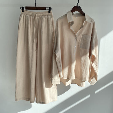 2-piece Retro Plus Size Shirt Outfit High Waist Loose Trousers