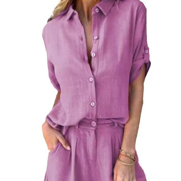 Cotton Linen 2-Piece Set – Short Sleeve Top & Shorts