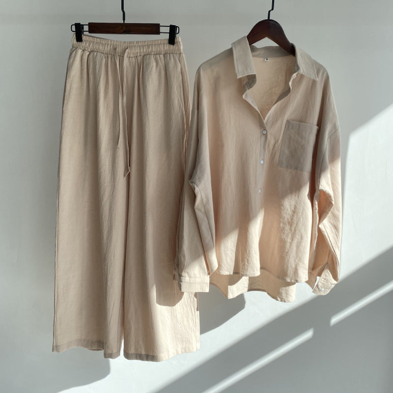 2-piece Retro Plus Size Shirt Outfit High Waist Loose Trousers