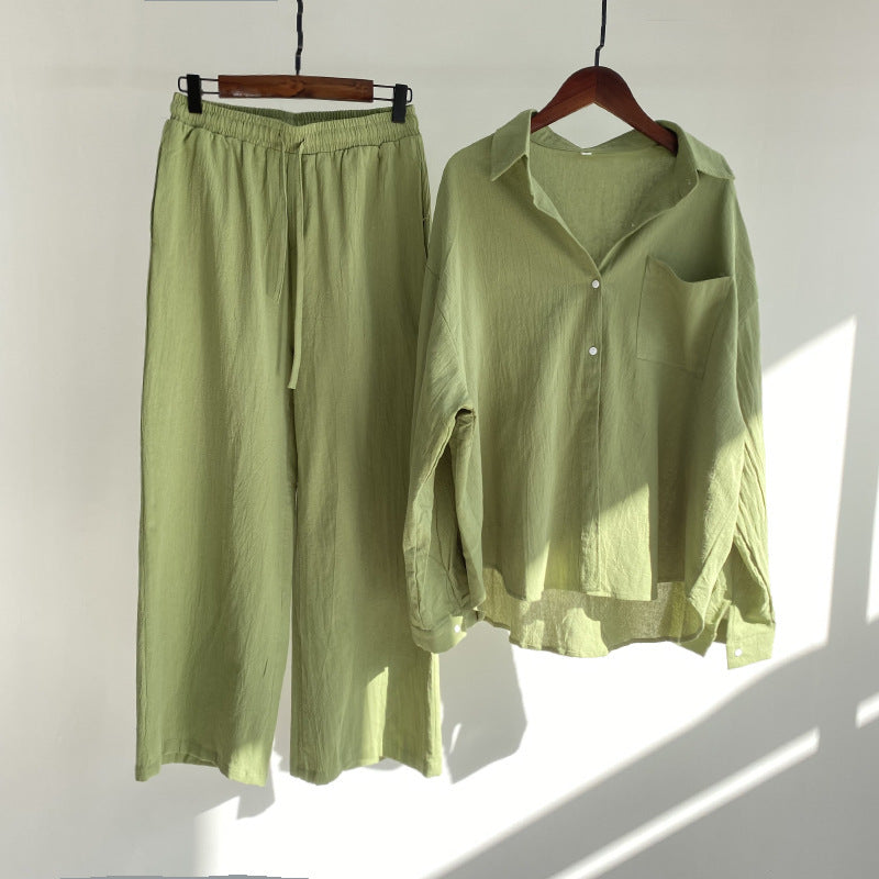 2-piece Retro Plus Size Shirt Outfit High Waist Loose Trousers